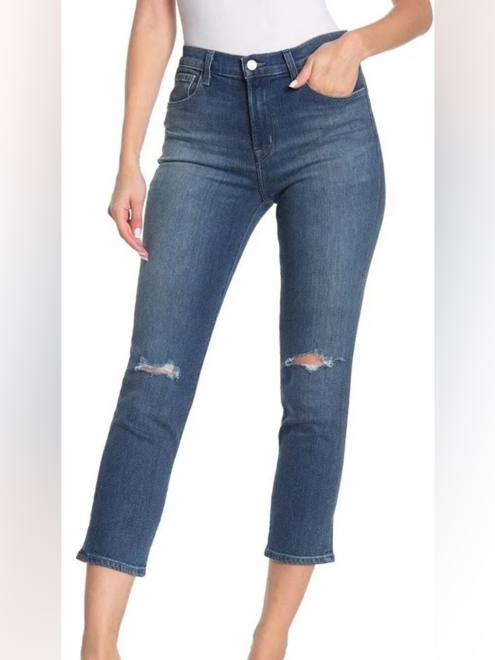 J Brand Dark Blue High-Rise Cropped Distressed Jeans